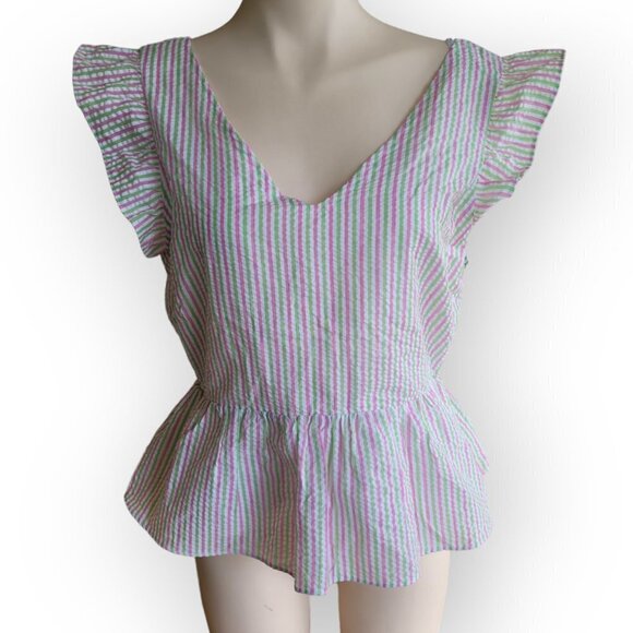 Stripe Flutter Sleeve Blouse by Draper James NWT size L - Picture 2 of 9